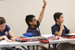 A student eagerly raises his hand to ask a question
